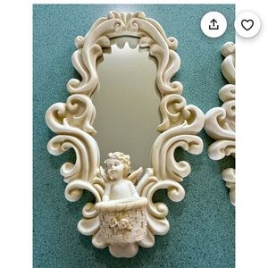 Vintage White Resin Wall Sconce Mirrors Cherubs Peg Votive Candle Holder